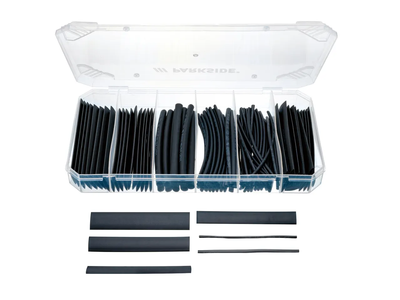 Un set di tubi termorestringenti neri di varie dimensioni in una scatola di plastica trasparente.