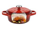 Red cast iron Dutch oven with a roasted chicken inside, cutaway view.
