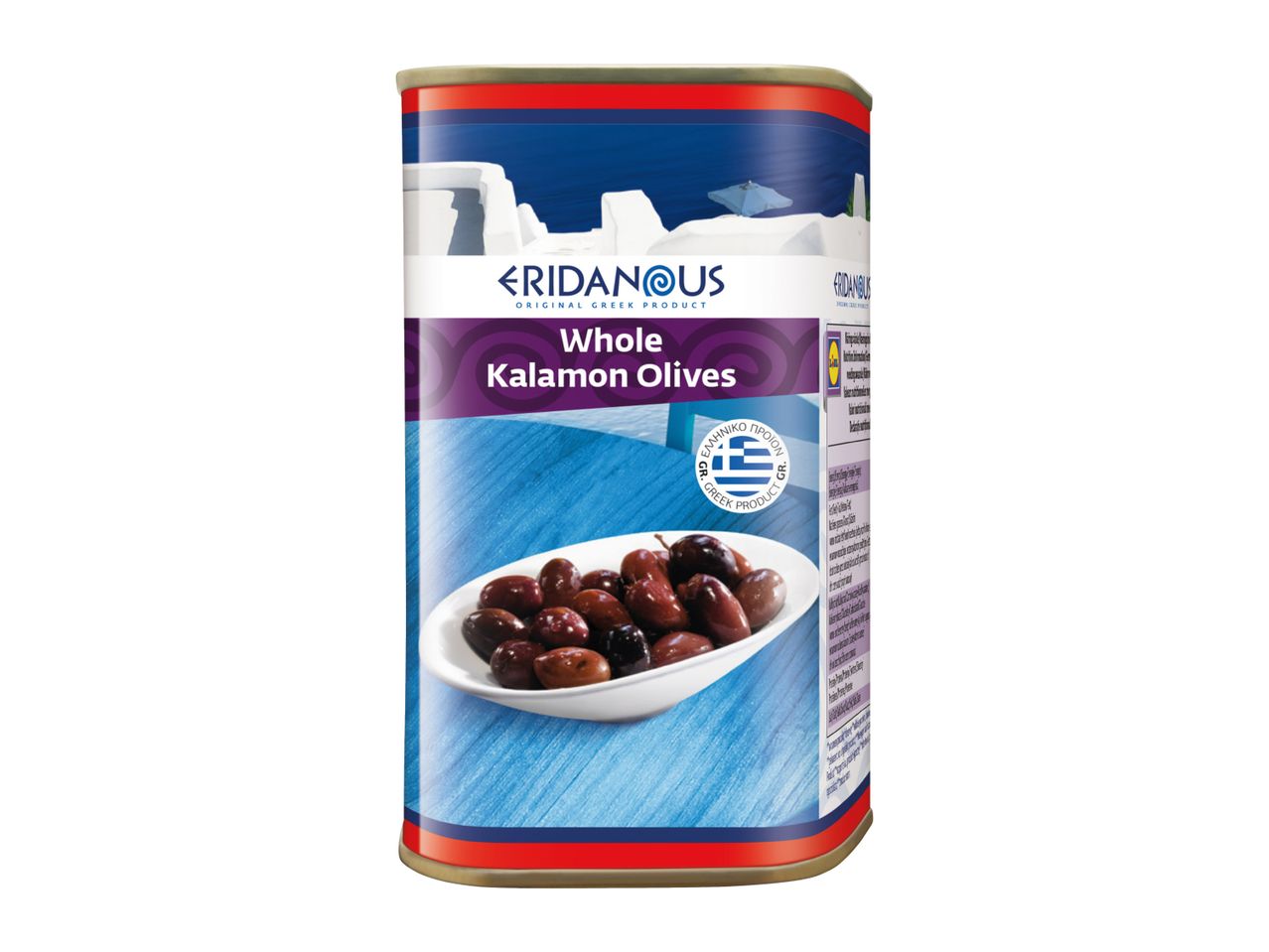 Eridanous Whole Kalamon Olives in a can, with a Greek product label.