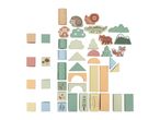 Wooden building blocks and animal figures in pastel colors, including a hedgehog, lion, crocodile, monkey, bear, and fox.