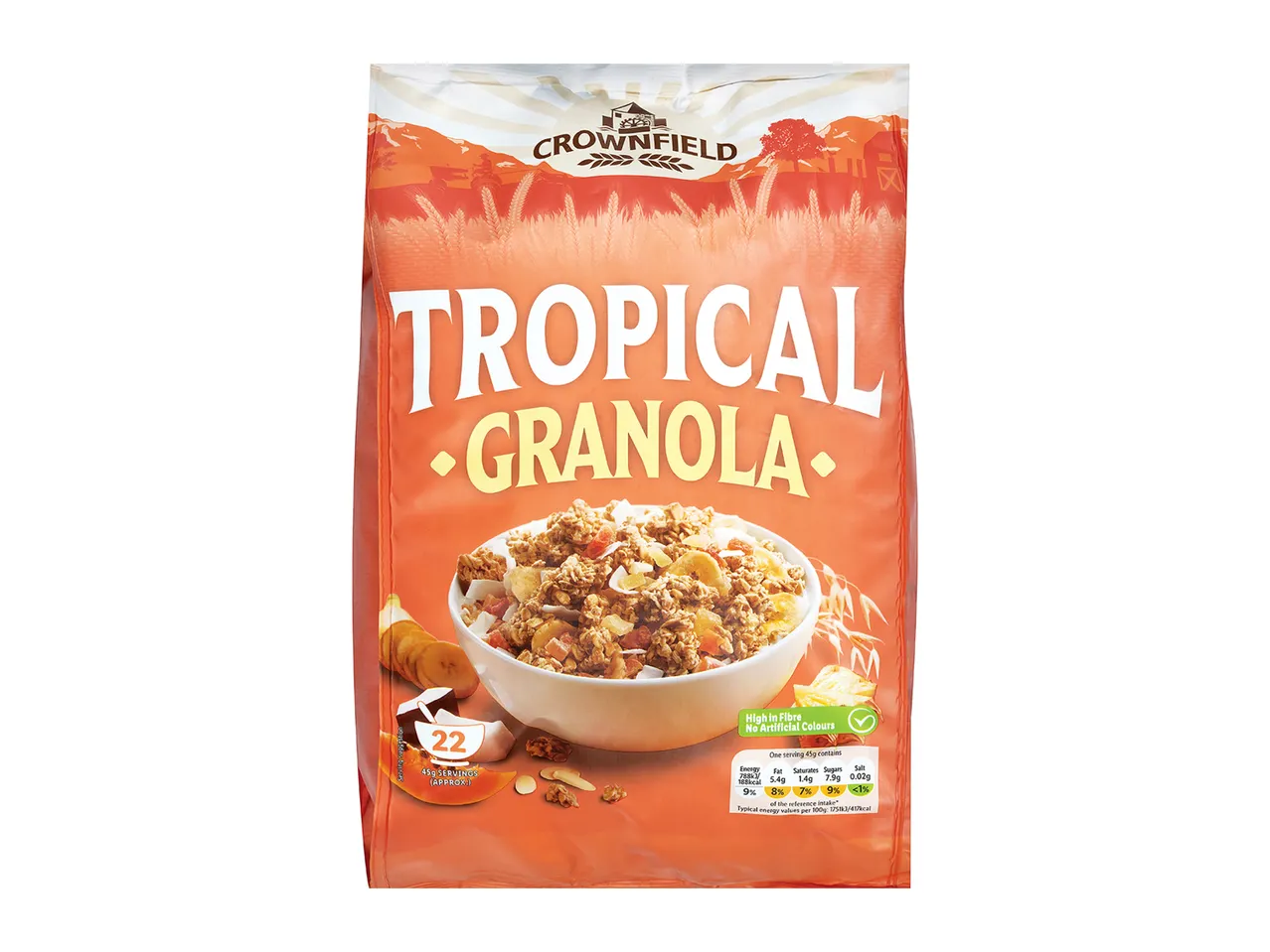Crownfield Tropical Granola: a bag of crunchy granola with tropical fruits.