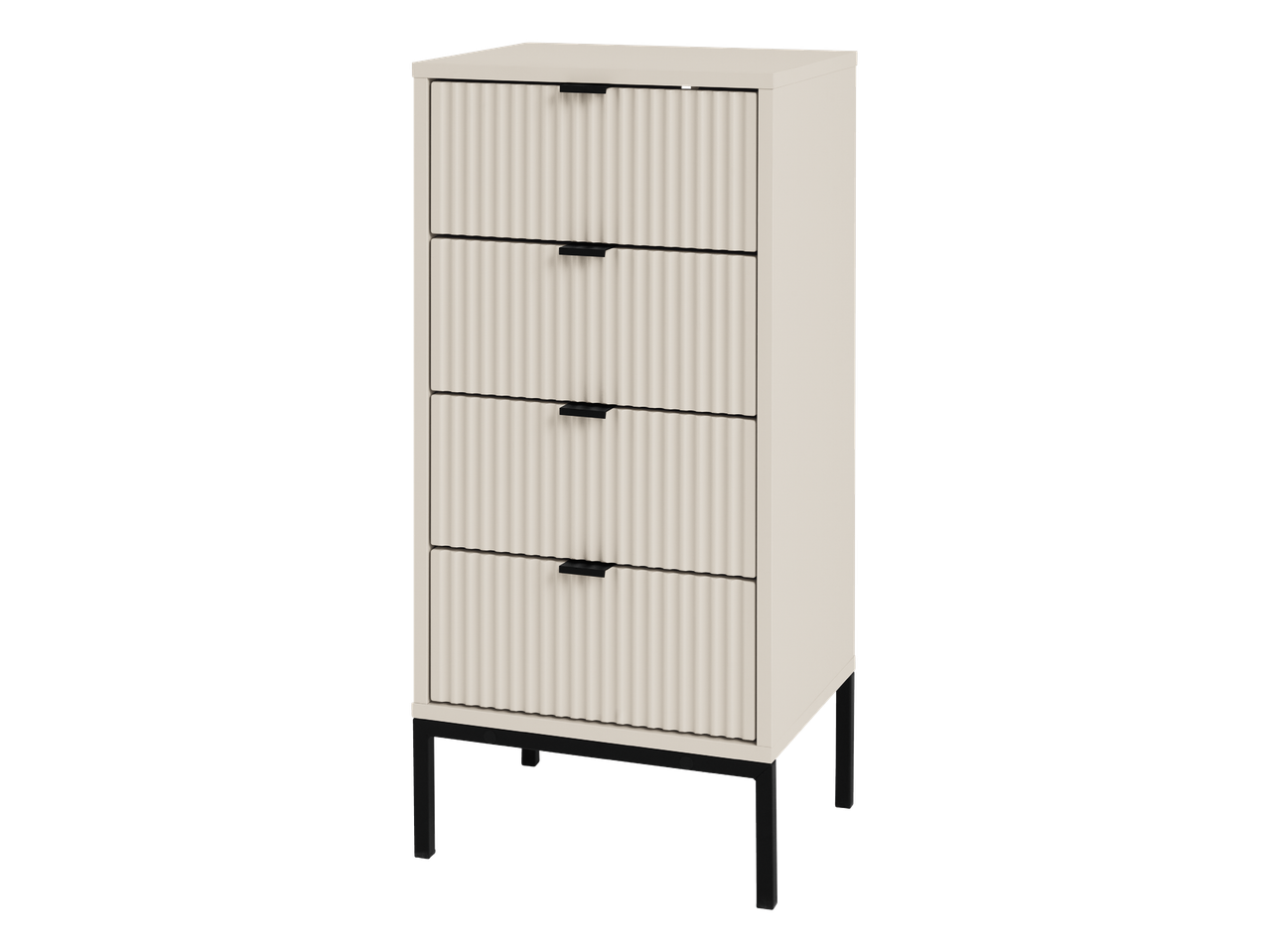 Bež komoda s četiri ladice i crnim ručkama na crnim nogama.