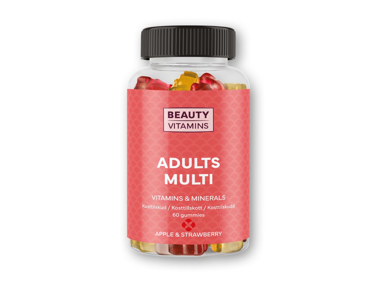 Beauty Vitamins Adults Multi: 60 tyggegummibaserede vitaminer og mineraler med æble- og jordbærsmag.