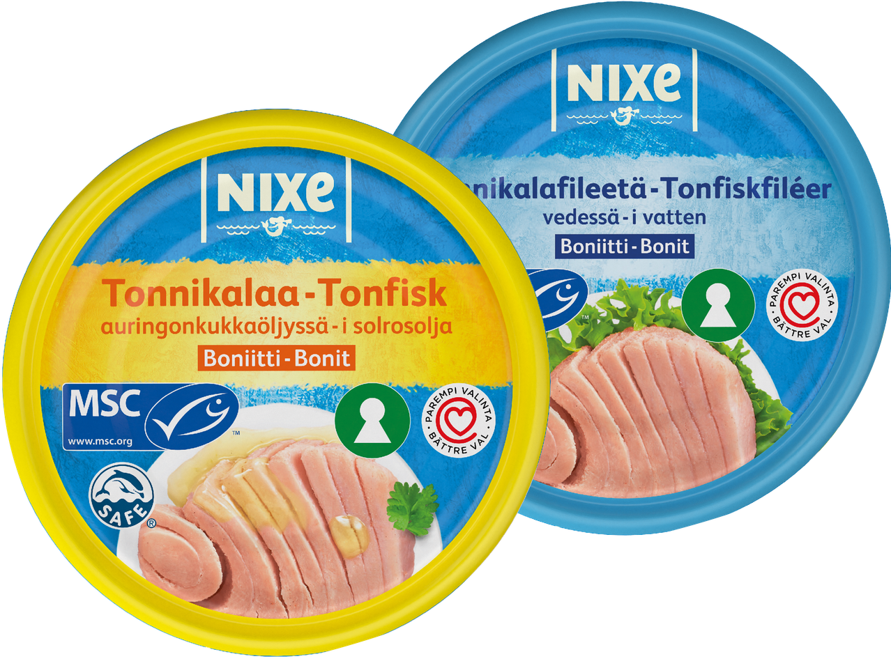 Två burkar Nixe tonfisk, en i solrosolja och en i vatten.