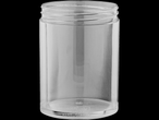 A clear plastic jar with a wide mouth, ideal for storing various items.