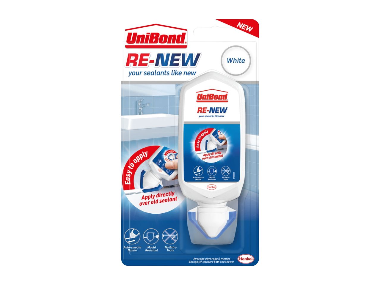 White sealant renewer with auto-smooth nozzle, mould resistant, and no extra tools needed.