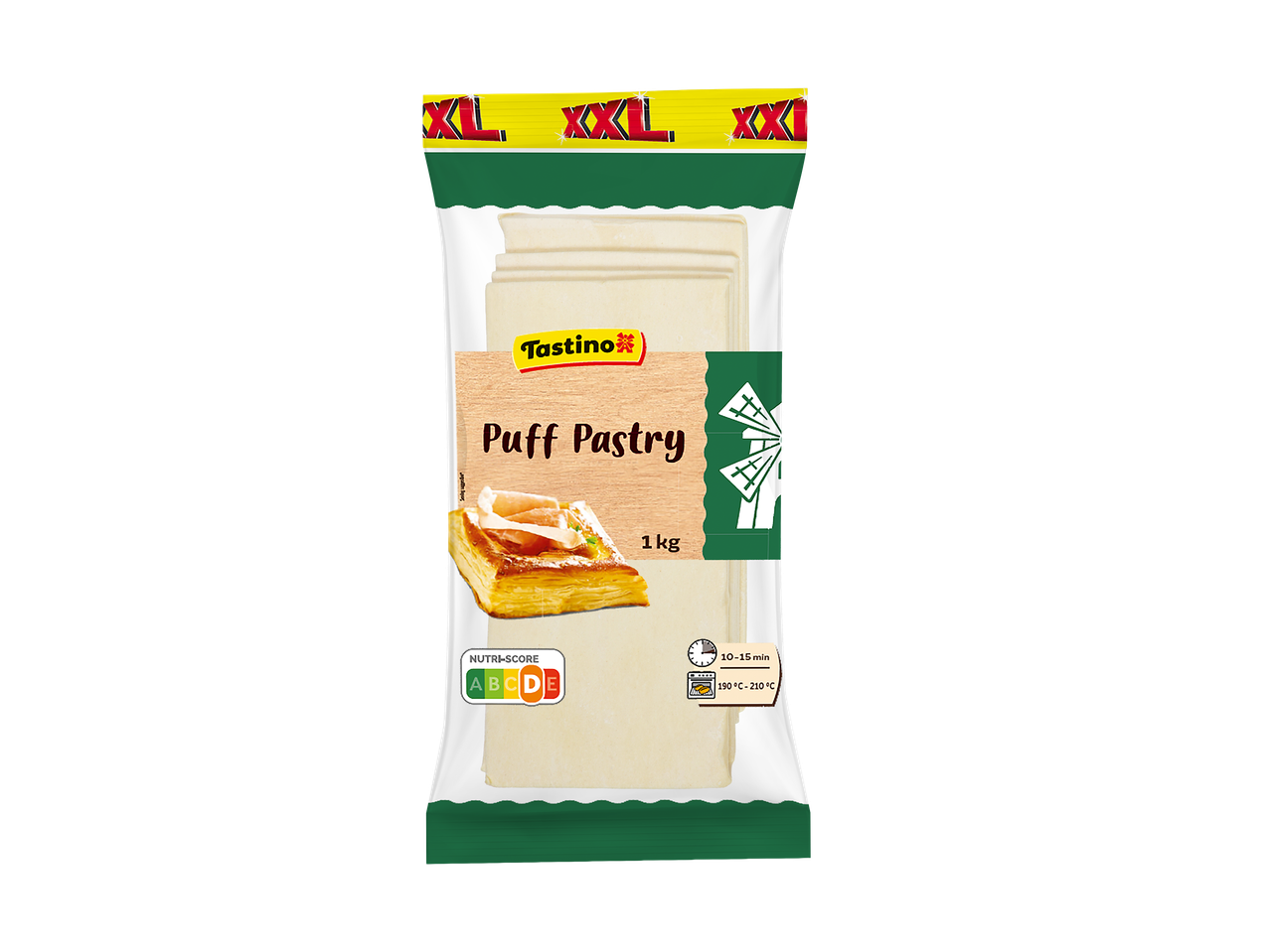 Pakovanje lisnatog testa od 1 kg sa slikom gotovog peciva i uputstvima za pečenje.