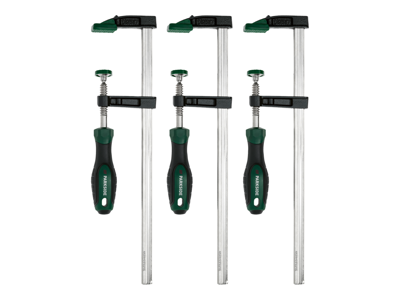 Três grampos de carpintaria com cabos verdes e elementos pretos, marcados com DIN5117.