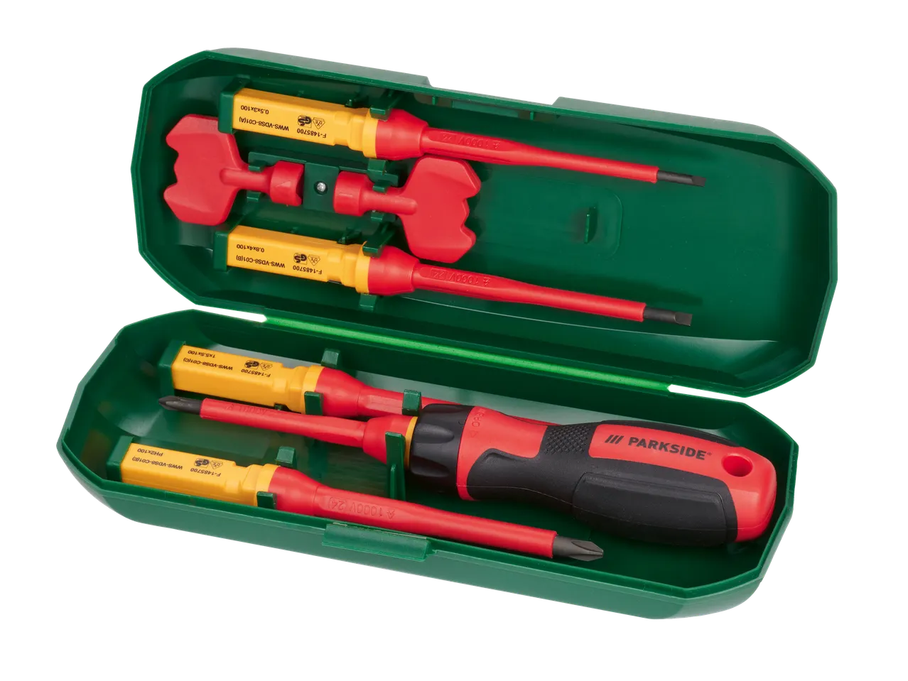 PARKSIDE® 1000V screwdriver and interchangeable blade set in a green case.