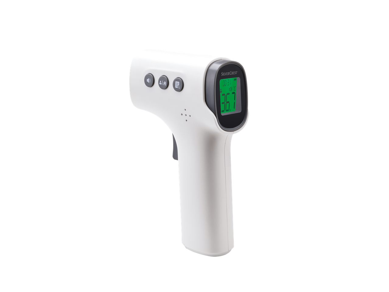 Thermomètre infrarouge sans contact blanc avec écran numérique affichant 36,7 °C.