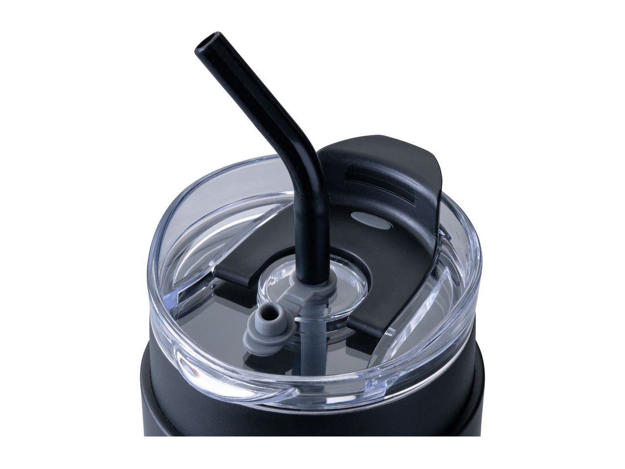Close-up of a black travel mug with a clear lid and a black straw.