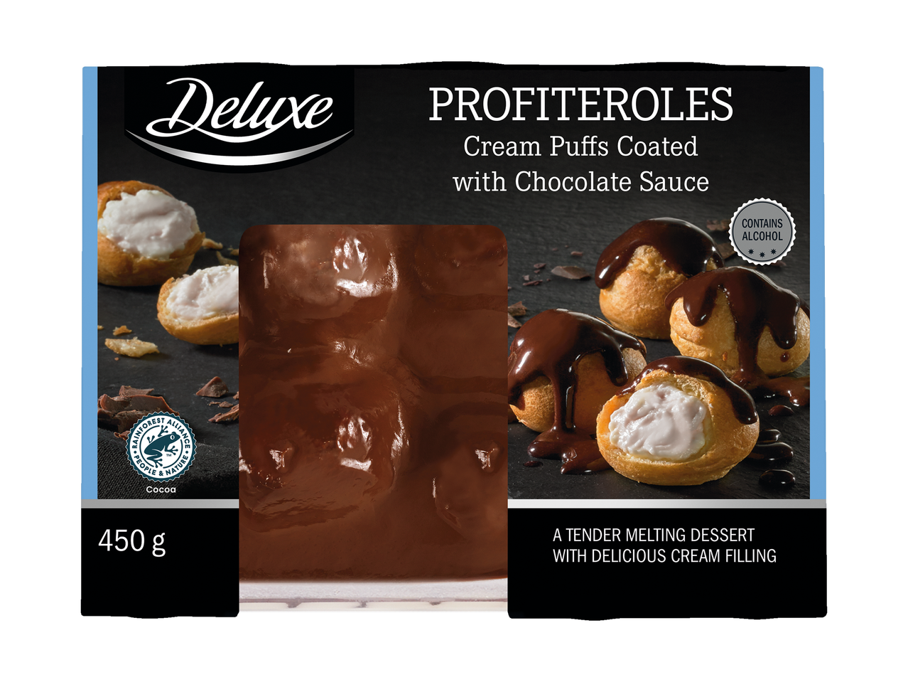 Deluxe Profiterolės: grietinėlės bandelės su šokolado padažu.