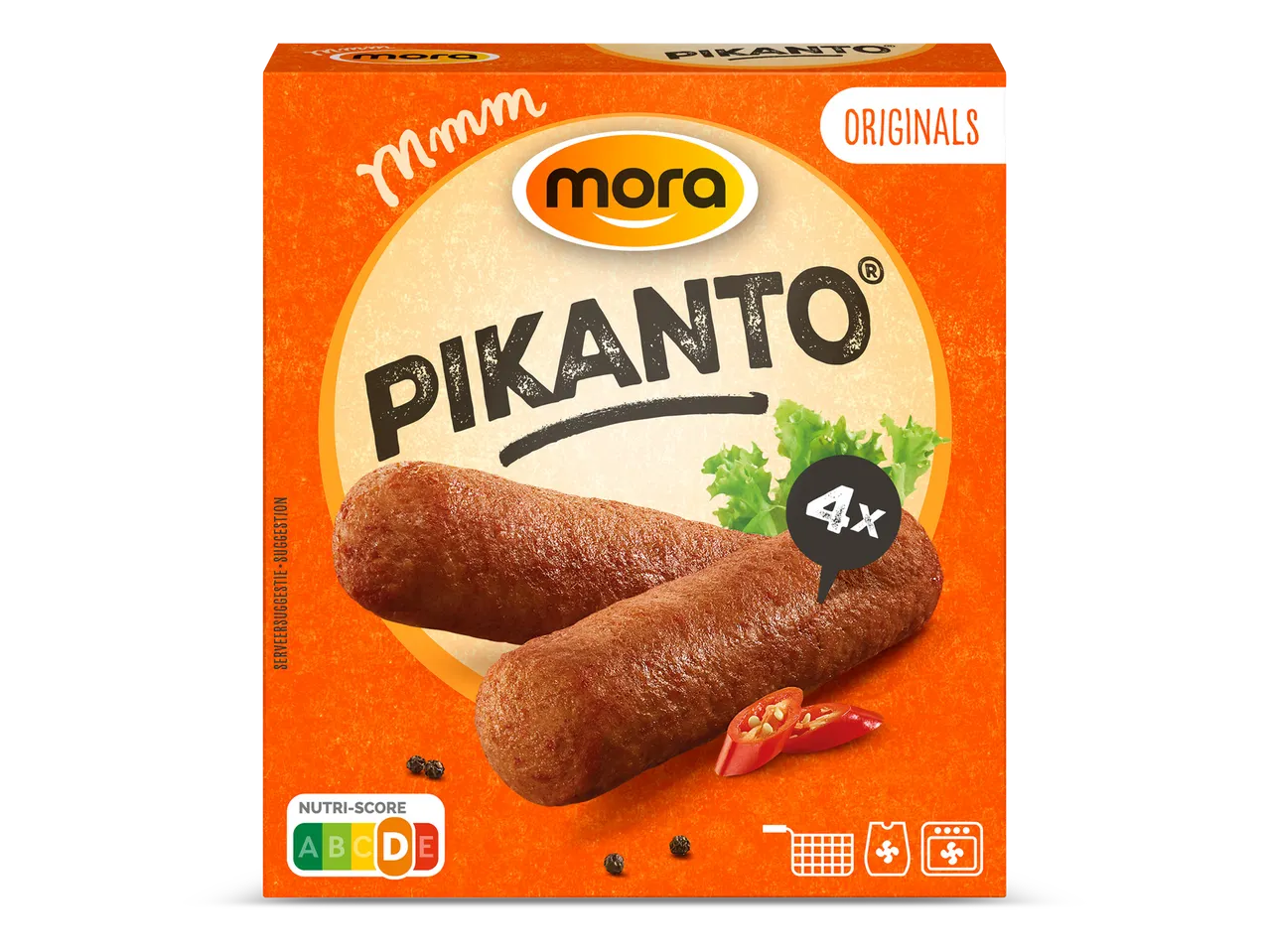 Oranje verpakking met twee pikante worsten, sla, rode pepers en zwarte peperkorrels.