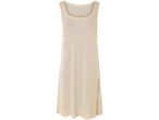A beige sleeveless midi dress with a scoop neck.