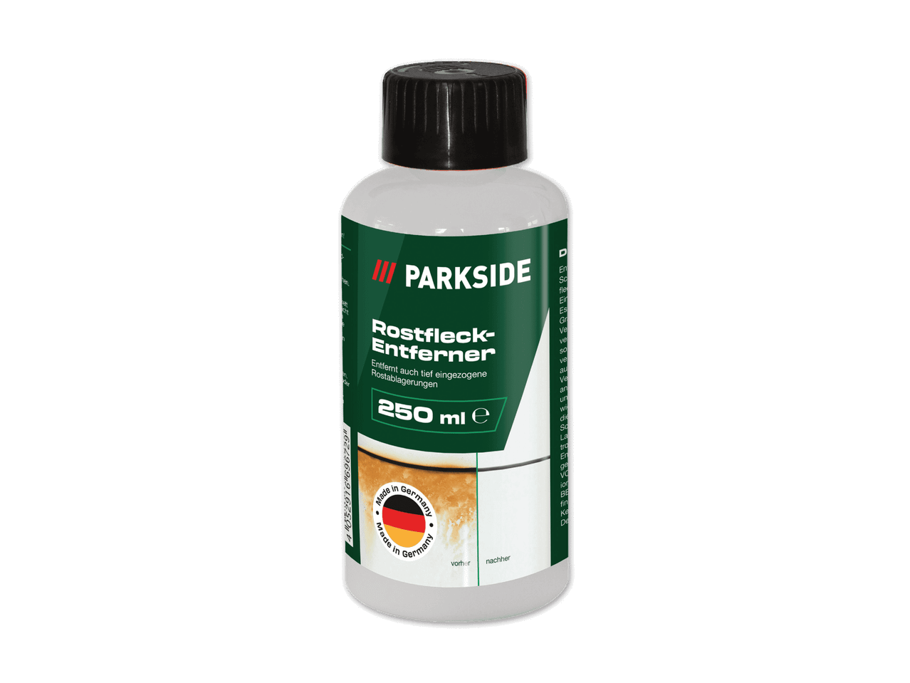 Eine Flasche Parkside Rostflecken-Entferner mit 250 ml Inhalt.