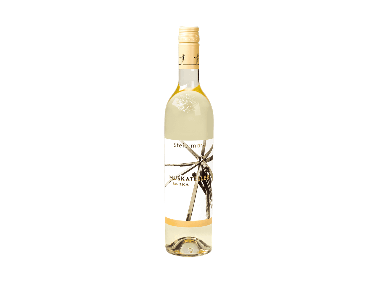 Flasche Muskateller Weißwein von Panitsch mit einem Windrad auf dem Etikett.