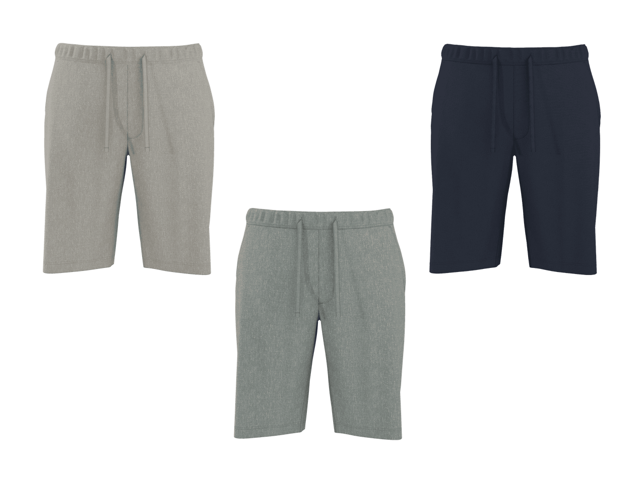 Drei Herren-Sportshorts in Hellgrau, Dunkelgrau und Marineblau.