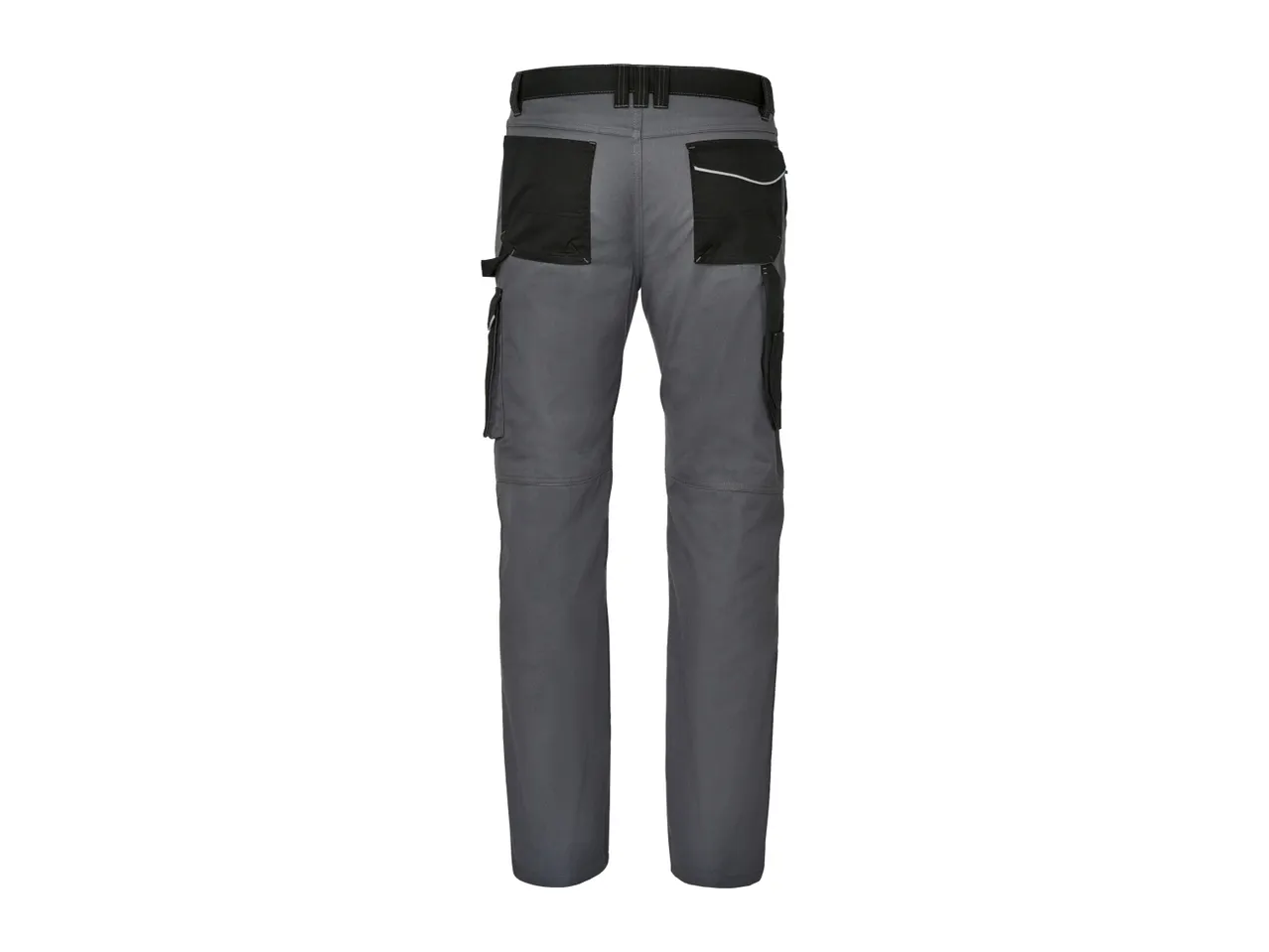 Back view of a pair of grey work trousers with black pockets and reflective accents.