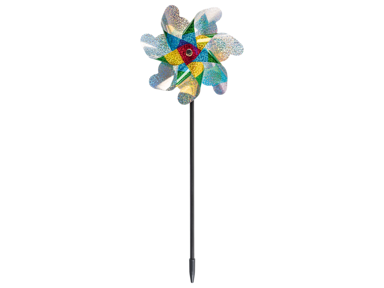 Livarno Wind Spinner with colorful, glittery pinwheel on a black stick.