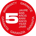 Rotes Garantiesiegel mit der Zahl 5 und den Wörtern „Jahre“, „Ans“, „Años“, „Anni“, „Year“, „Jaar“ in verschiedenen Sprachen.