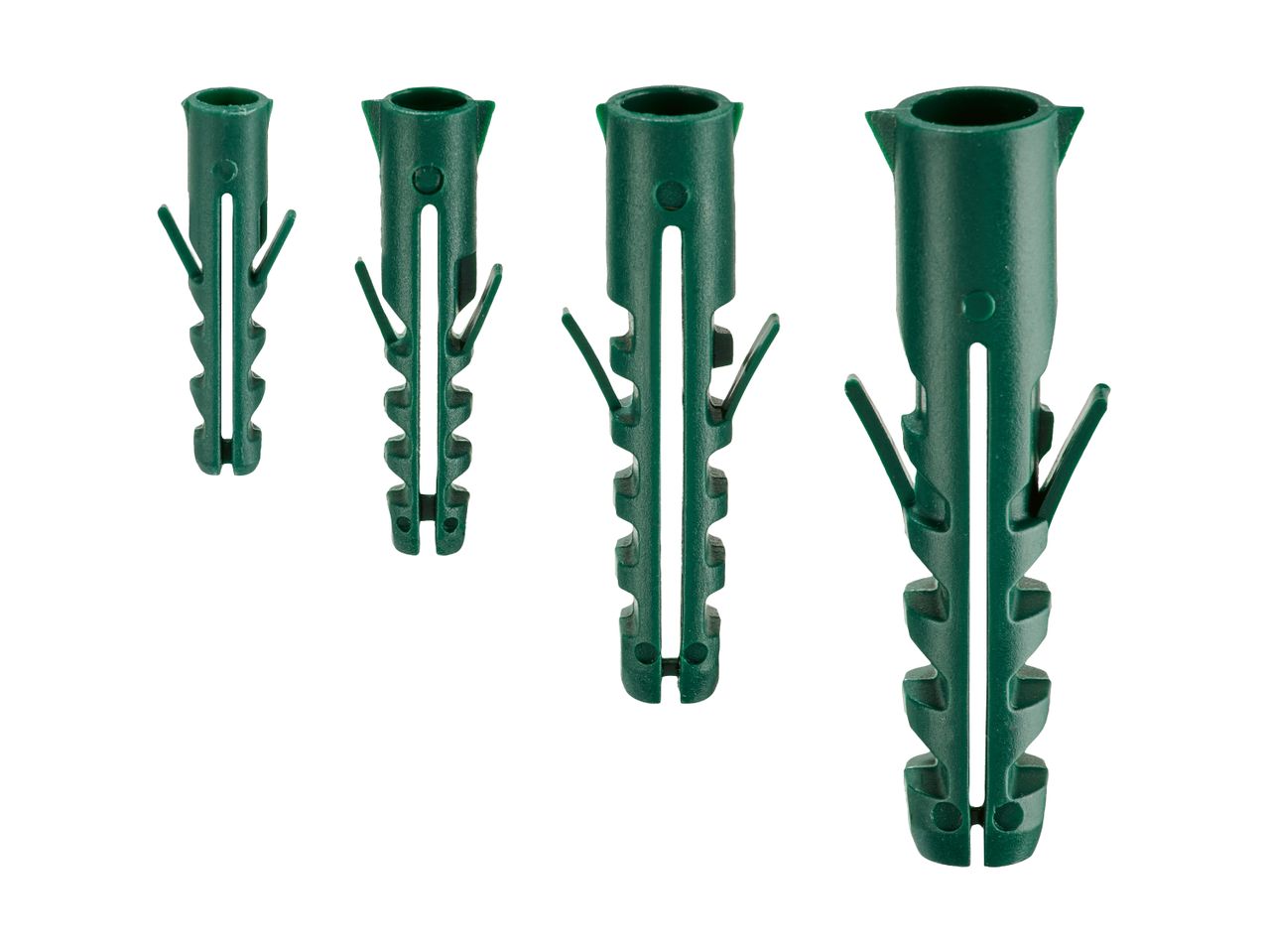 Four green plastic wall plugs of varying sizes, arranged diagonally on a white background.
