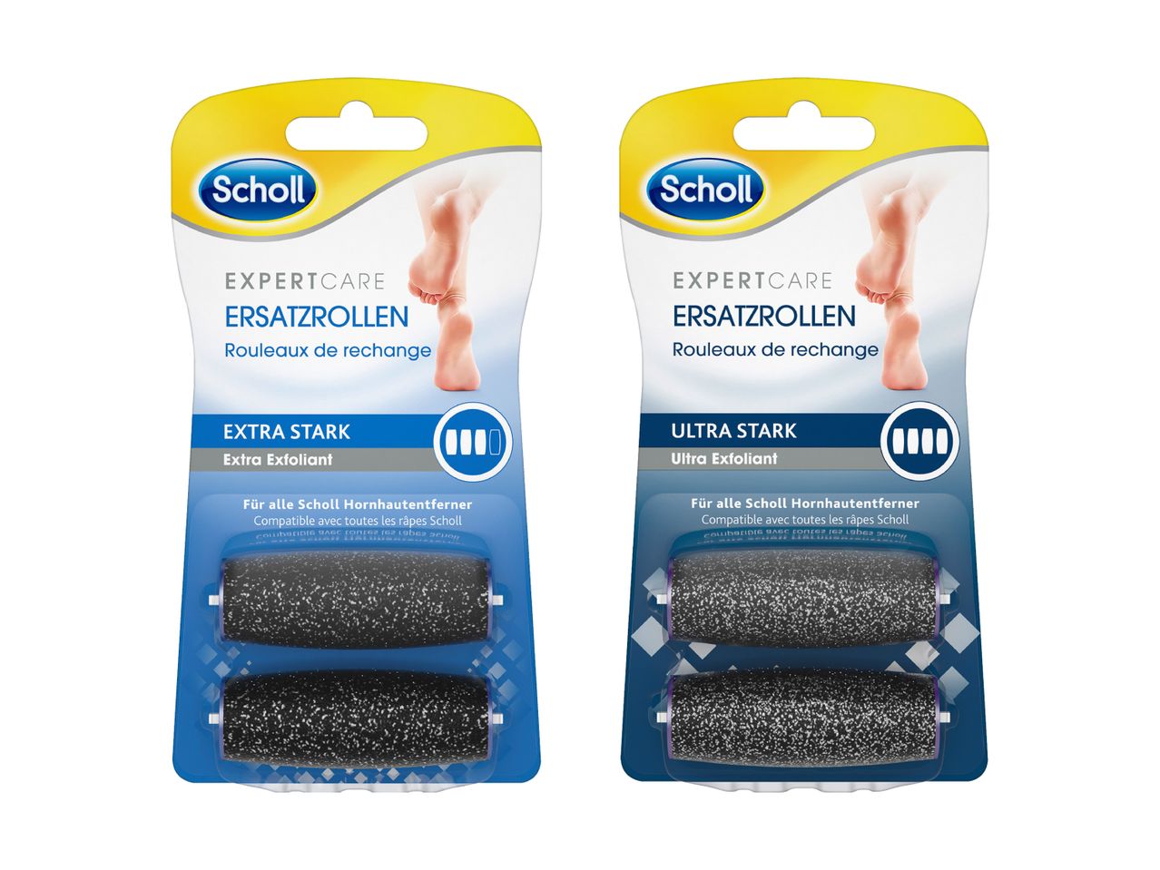 Zwei Packungen Scholl Expert Care Ersatzrollen, eine extra stark und eine ultra stark.