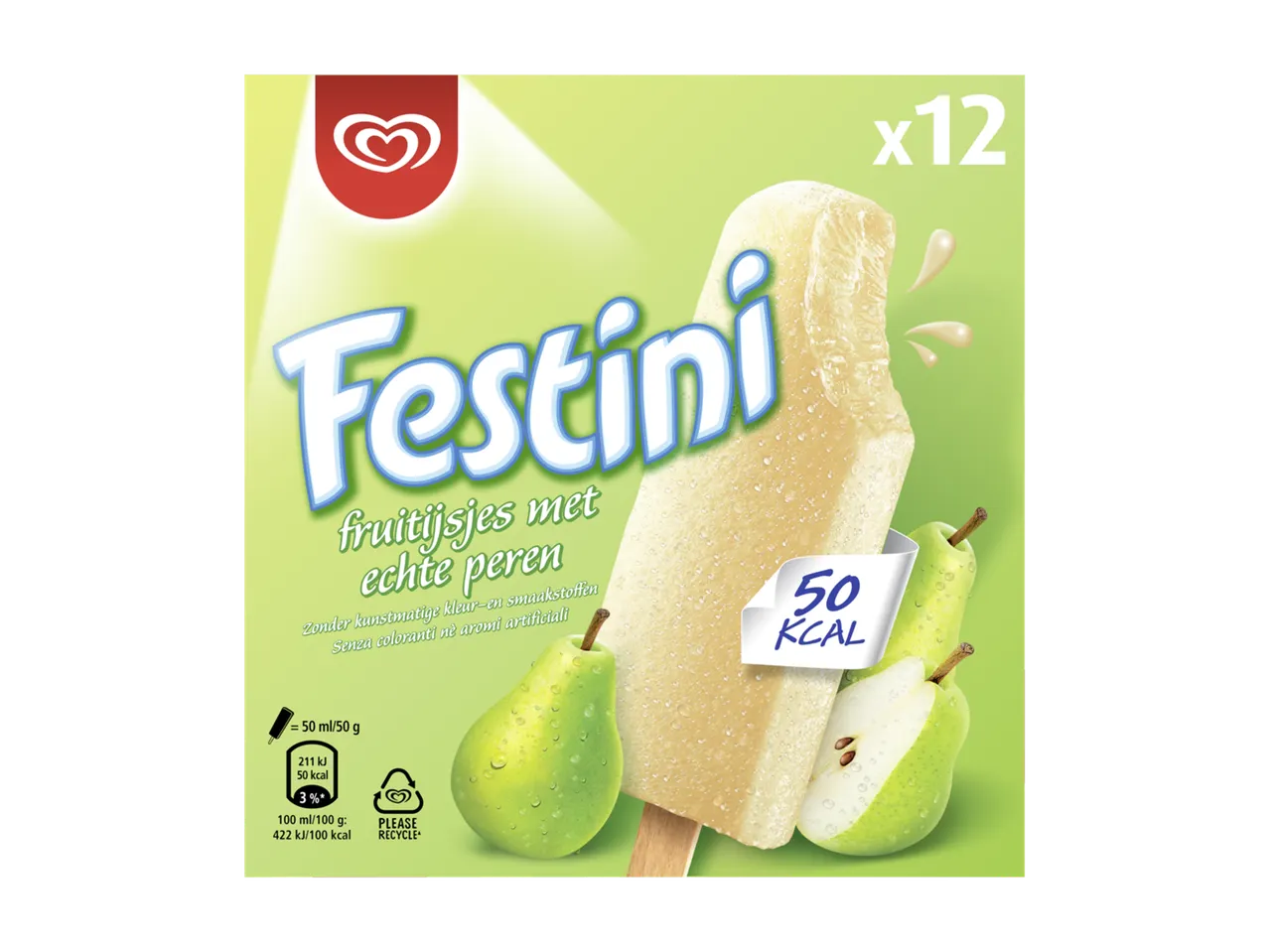 Verpakking van perenijsjes met 12 stuks, 50 kcal per ijsje, zonder kunstmatige kleur- en smaakstoffen.