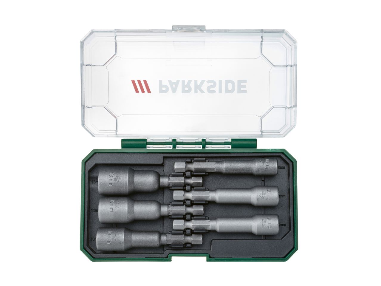 Parkside socket set in a green and clear plastic case.