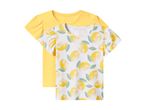 To T-shirts, en gul og en hvid med citronprint, til børn.