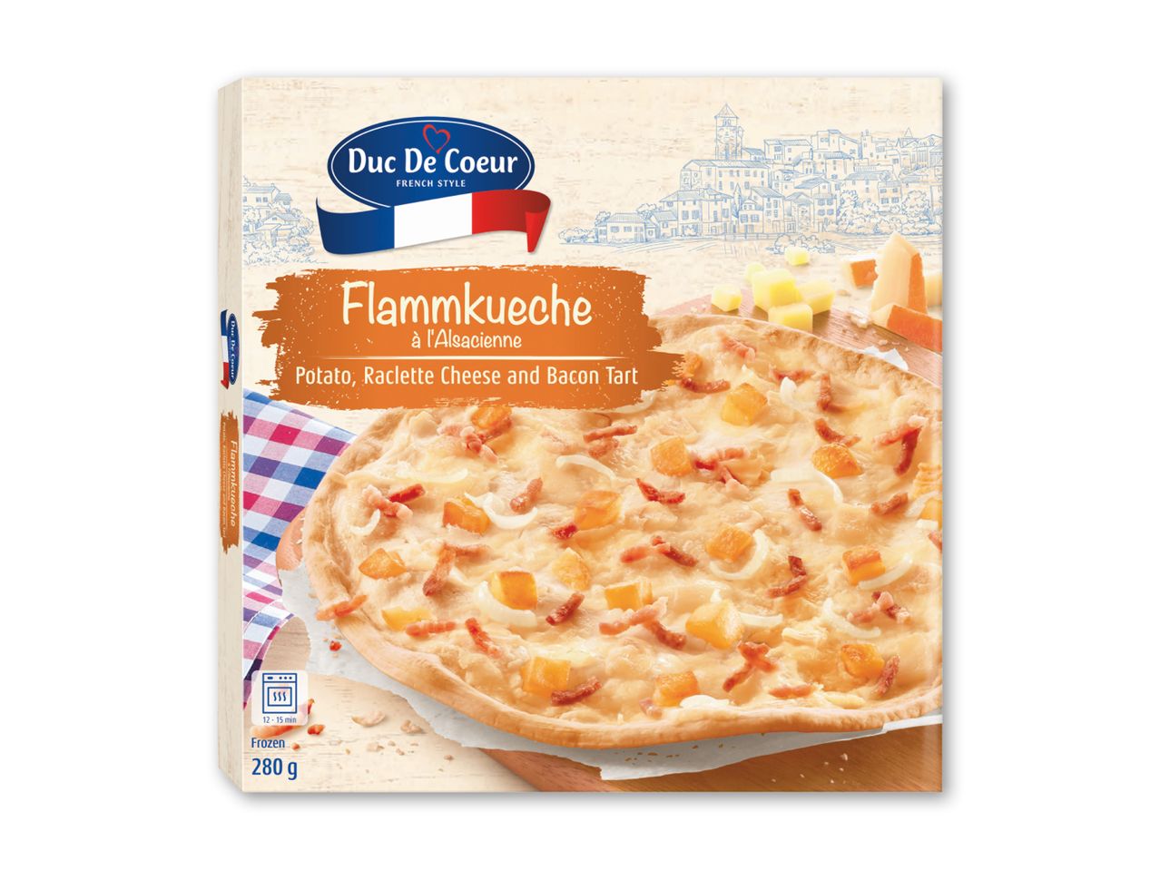 Flammkuchen med kartoffel, racletteost og bacon, frossen, 280 g