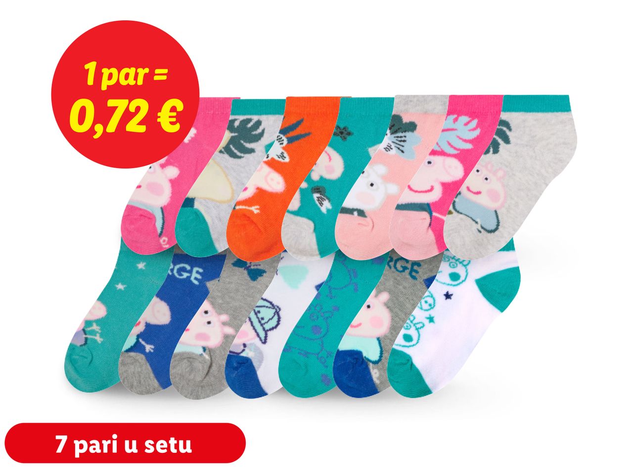 Set od 7 pari čarapa s Peppa Pig motivima; 1 par = 0,72 €.
