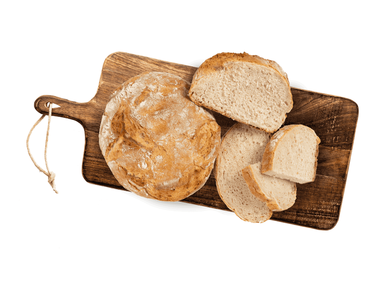 Handgemachtes Sauerteigbrot auf einem Holzschneidebrett.