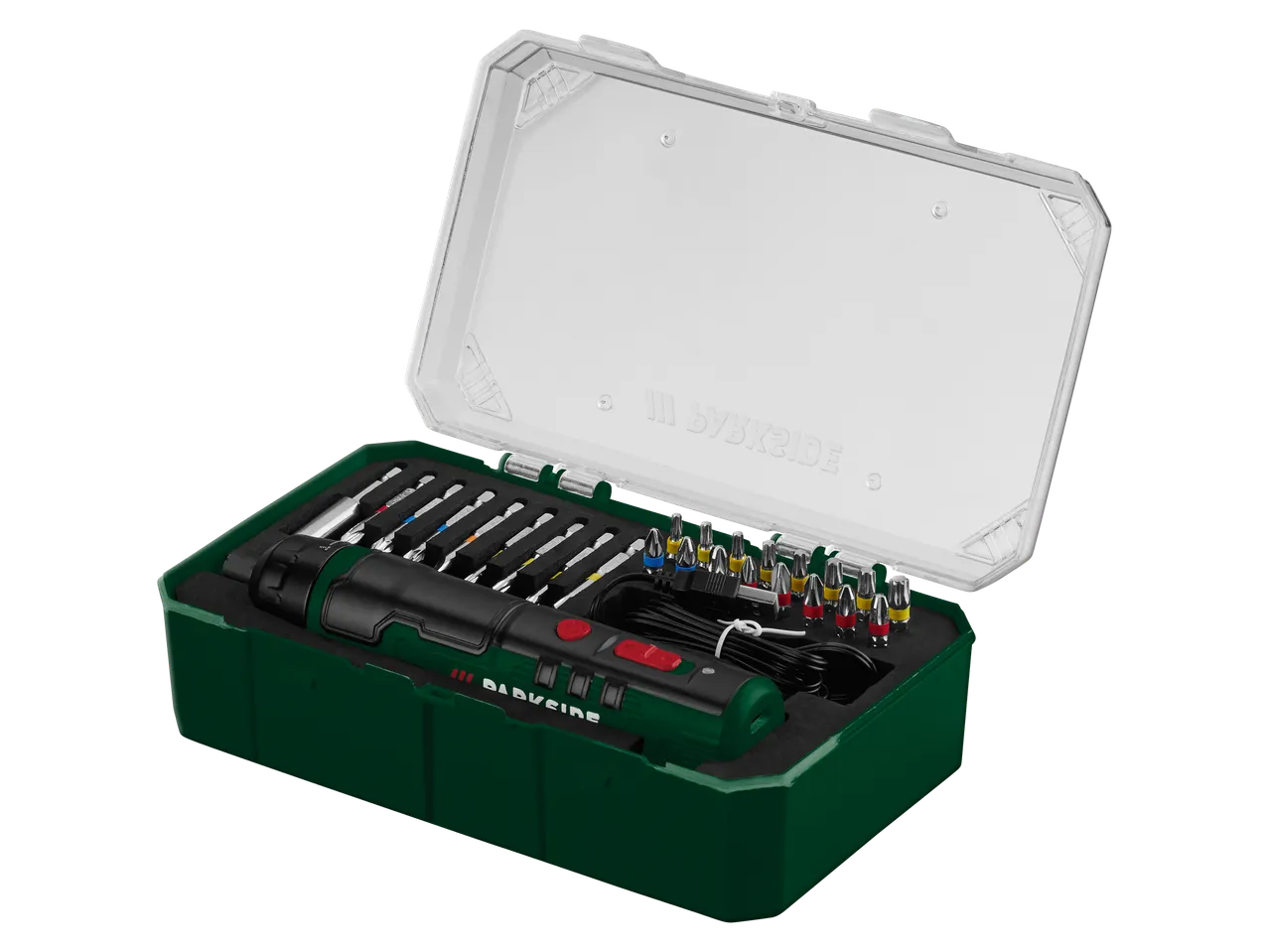 PARKSIDE kruvikeeraja komplekt koos otsikute ja laadimiskaabliga rohelises karbis.
