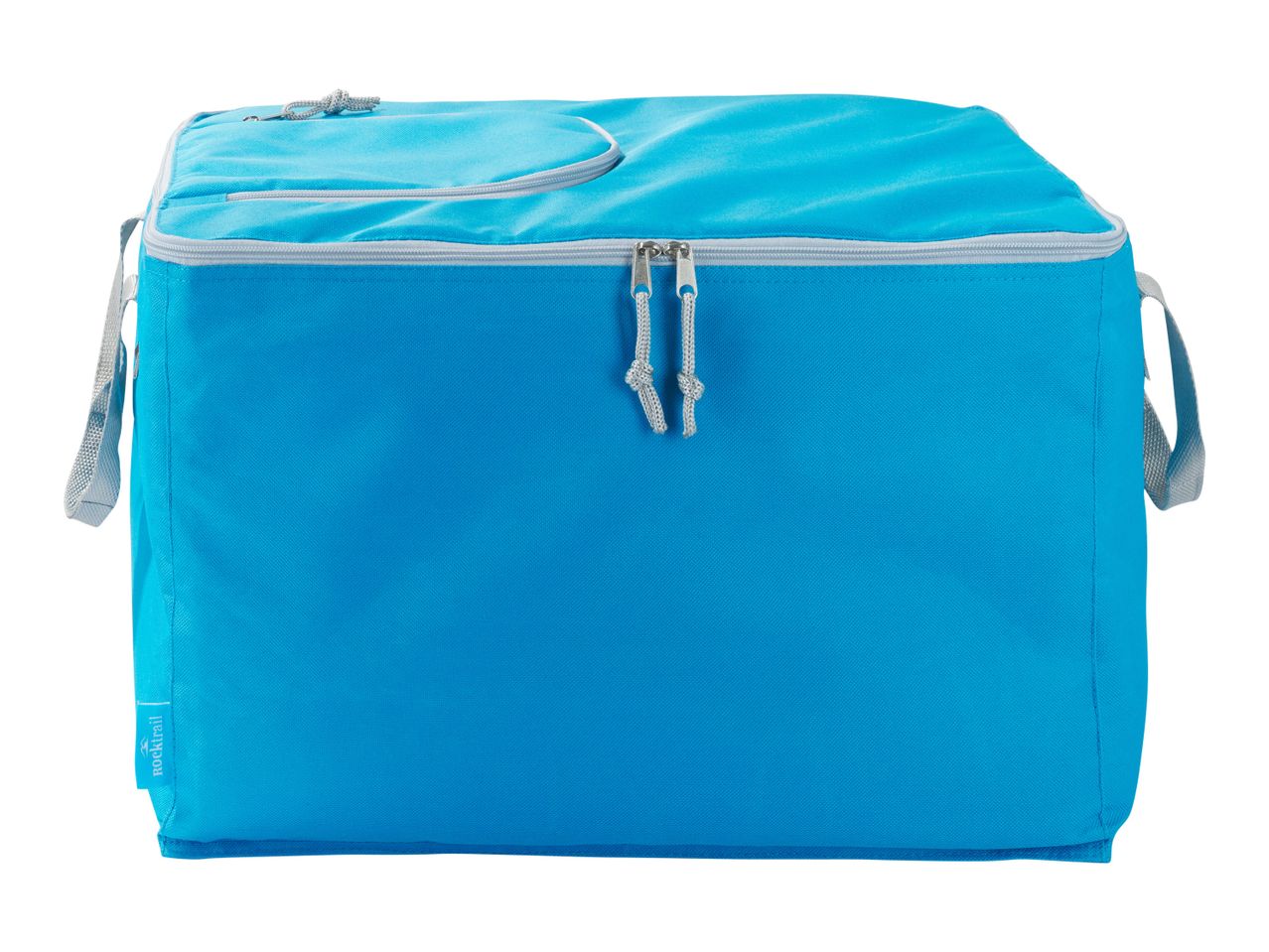 A bright blue fabric storage cube with zipper closure.