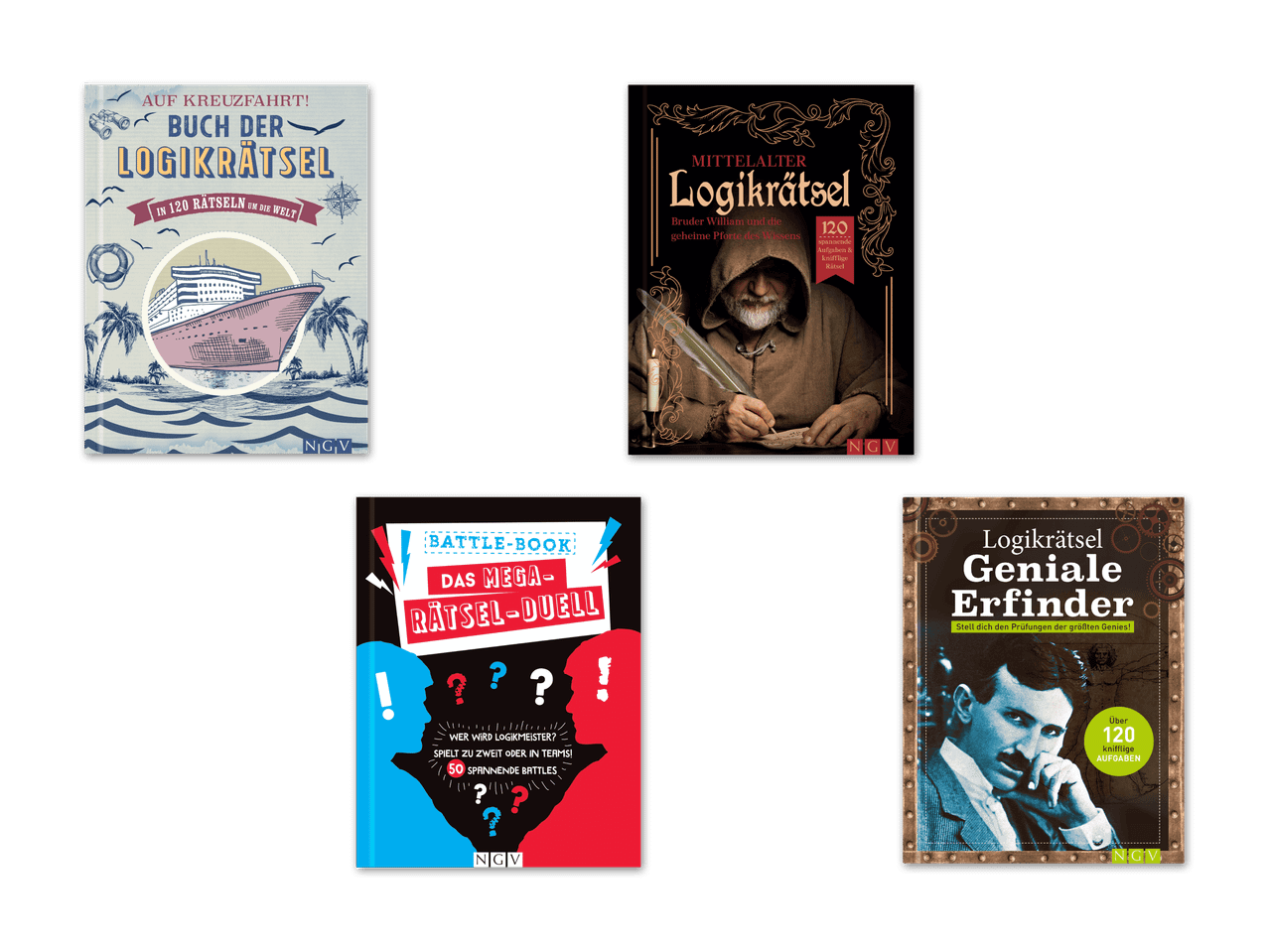 Vier Logikrätselbücher: Kreuzfahrt, Mittelalter, Battle-Book und Geniale Erfinder.