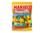 Een zak Haribo Funny Mix met diverse fruitgums en een vrolijke beer, geschikt voor vegetariërs.