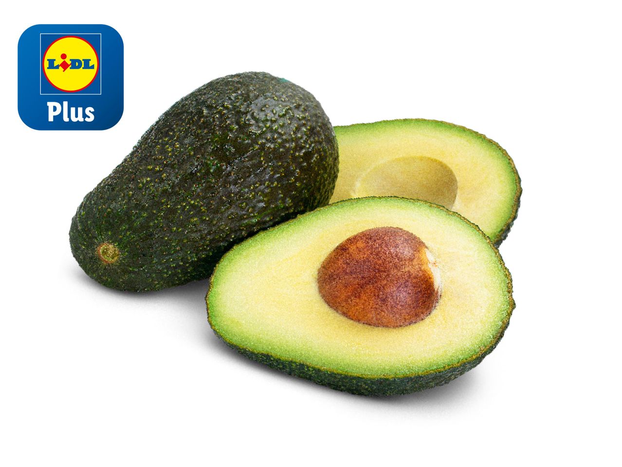 Lidl Plus avocados: whole and halved.