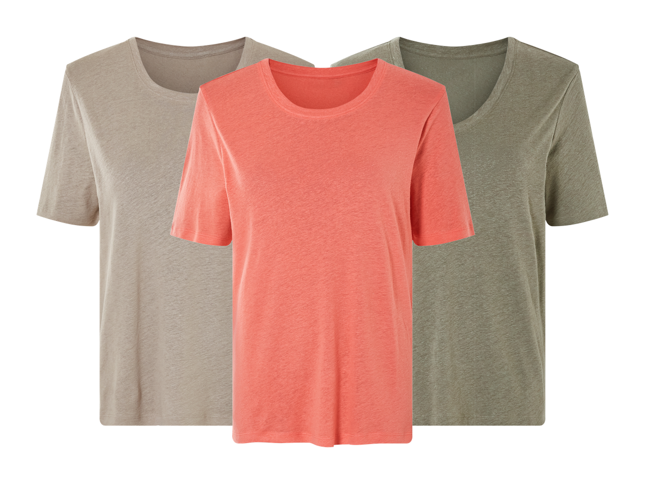 Tri ženske majice s kratkimi rokavi v bež, koralni in olivno zeleni barvi.