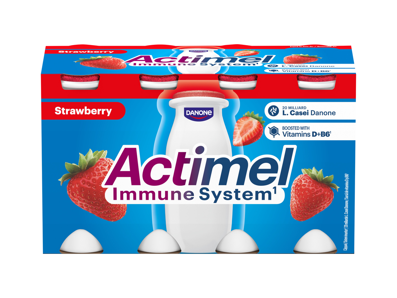 Iaurt de băut Danone Actimel căpșuni, 20 miliarde L. Casei Danone, fortificat cu vitamine D+B6.
