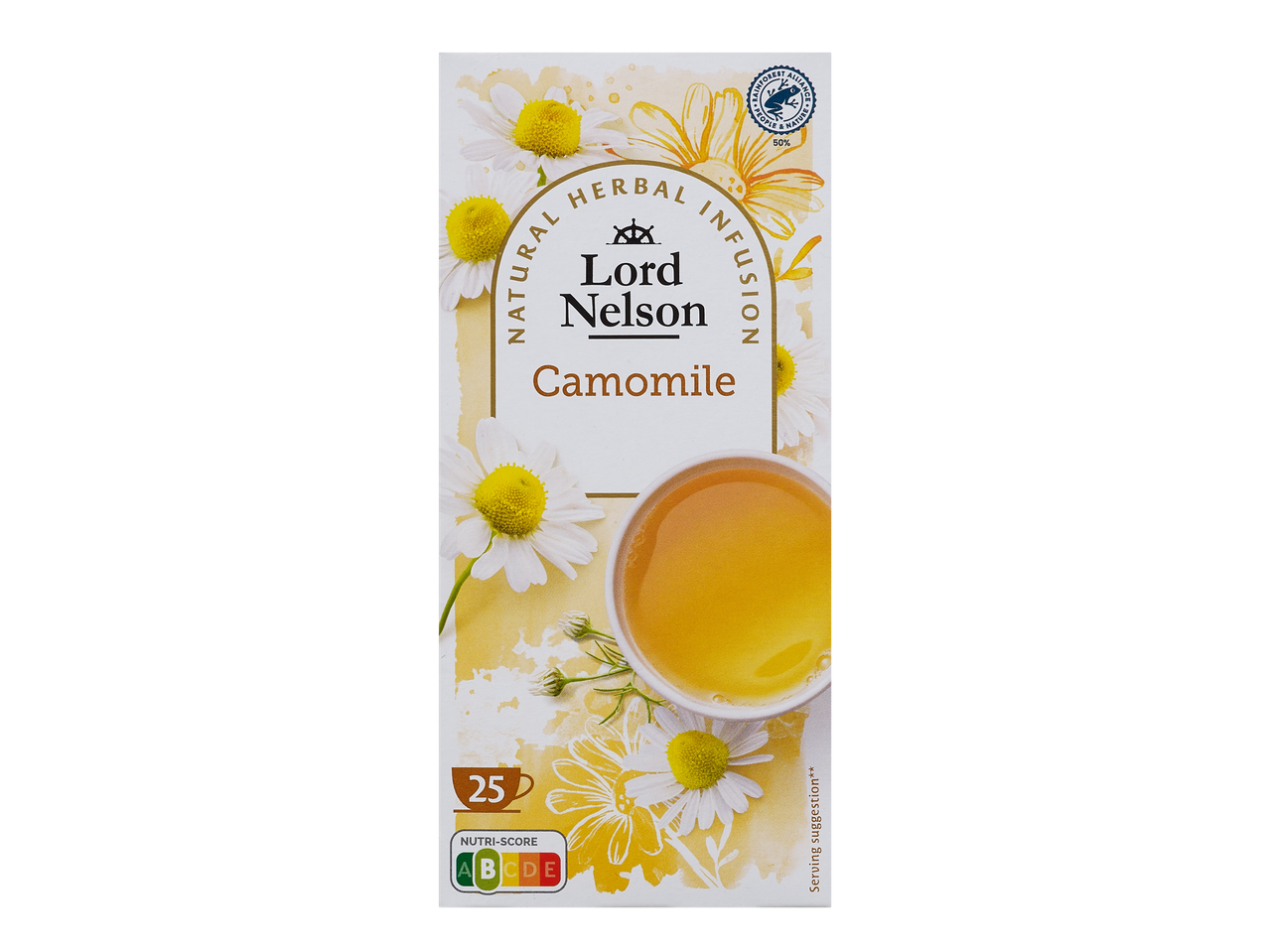 Infusion à la camomille Lord Nelson avec Nutri-Score A et certification Rainforest Alliance.