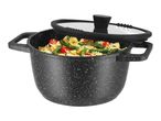 A black speckled stone-effect pot with a glass lid, containing pasta and vegetables.