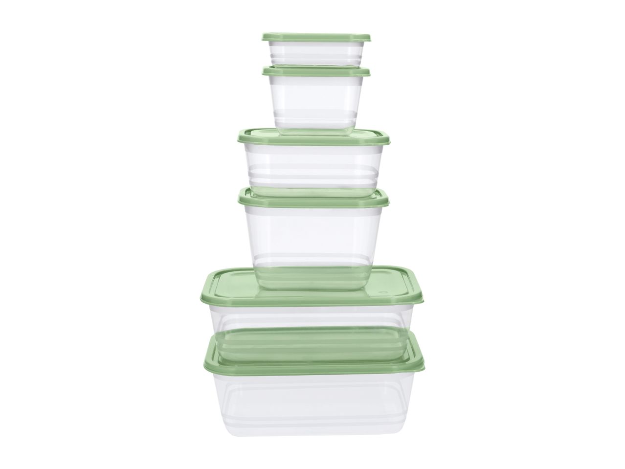 A stack of clear rectangular food storage containers with light green lids, varying in size.