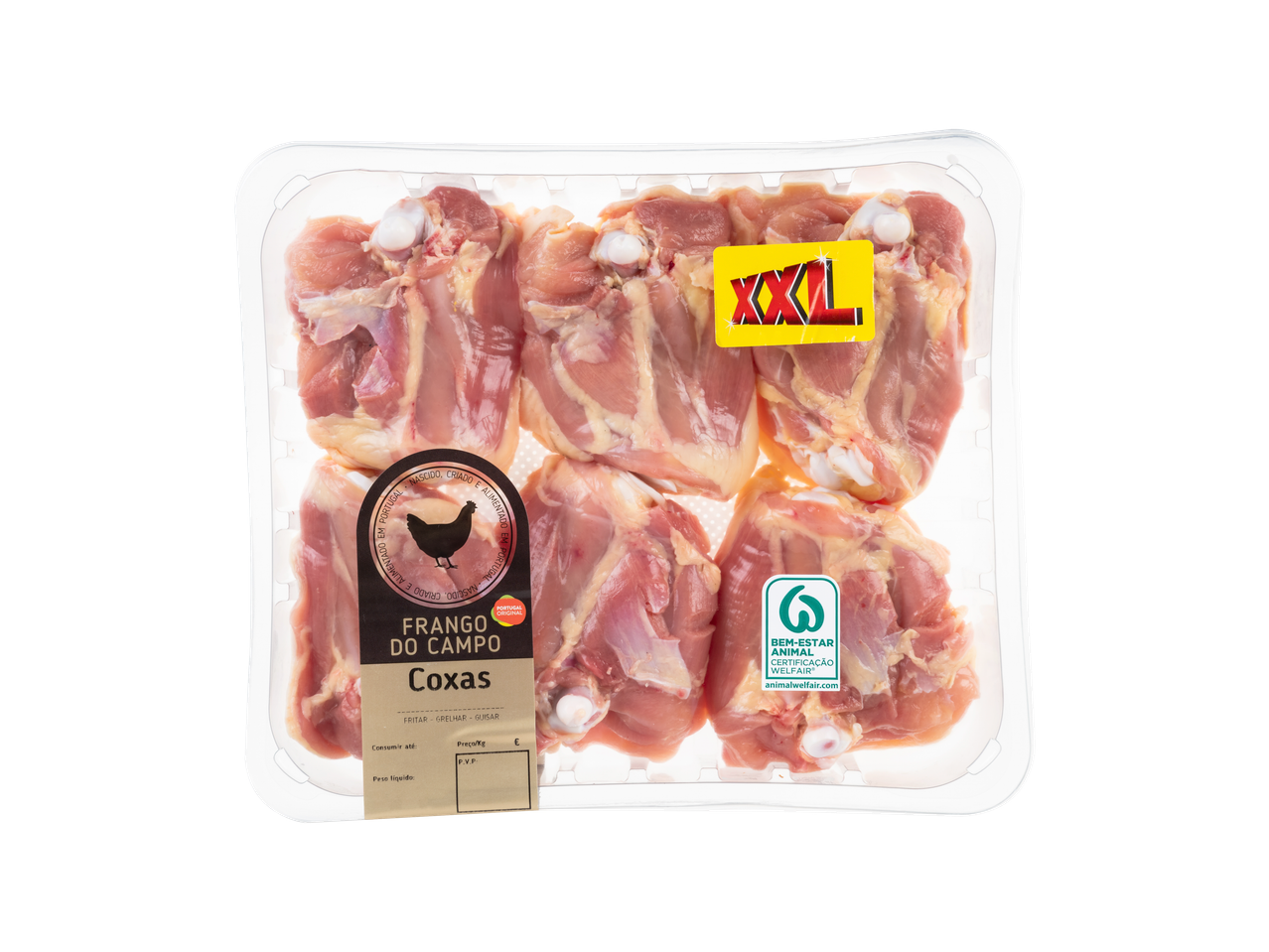 Embalagem XXL de coxas de frango cruas com pele, rotuladas 'Frango do Campo Coxas'