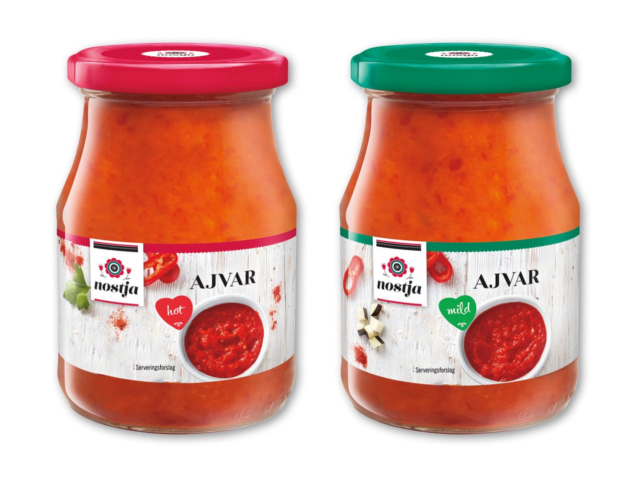 To glas ajvar, en varm med rød låg og en mild med grøn låg.