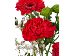 Buquê de gerberas, cravos e rosas vermelhas.