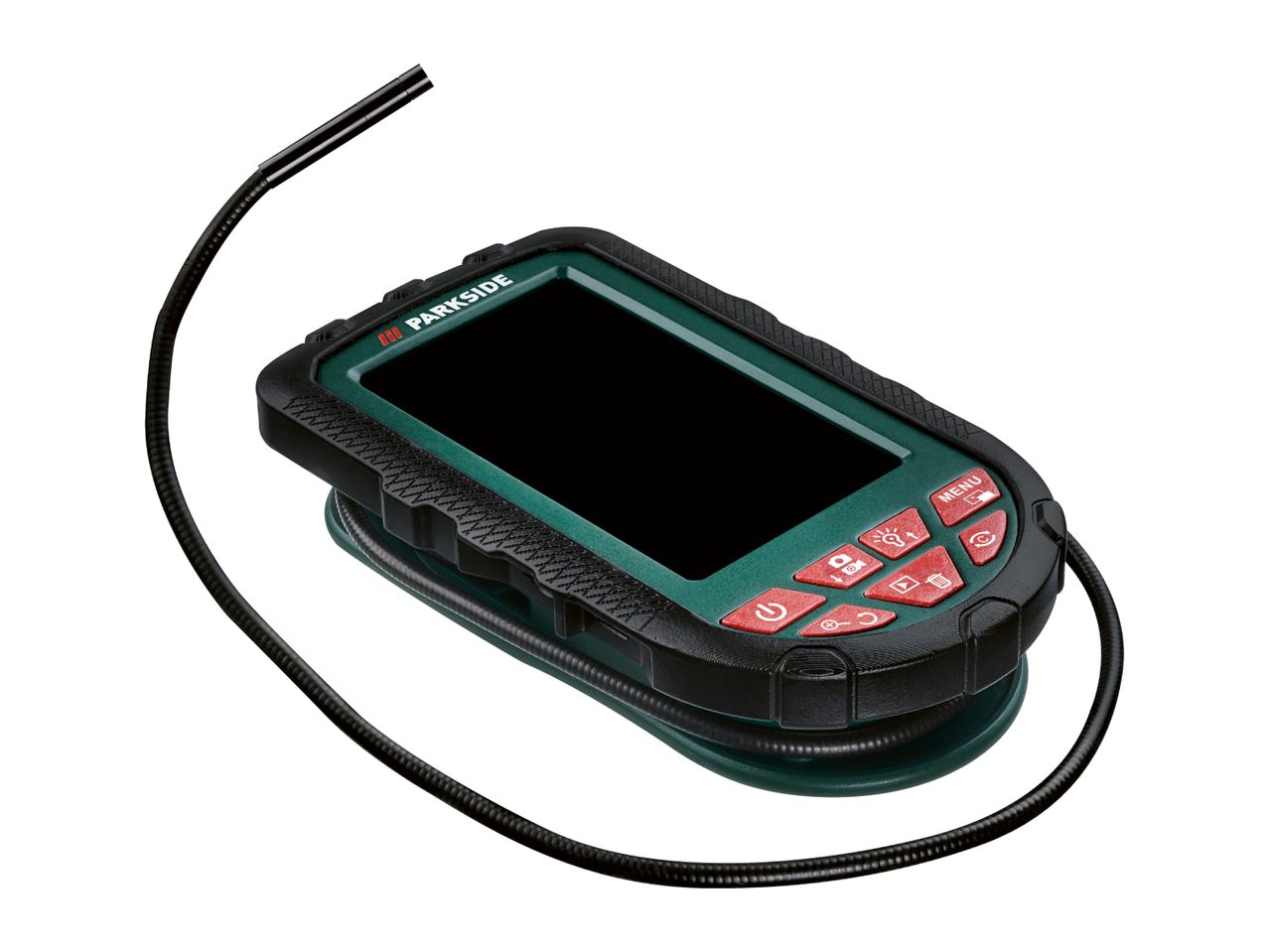 A handheld inspection camera with a flexible probe and a screen, featuring red control buttons.