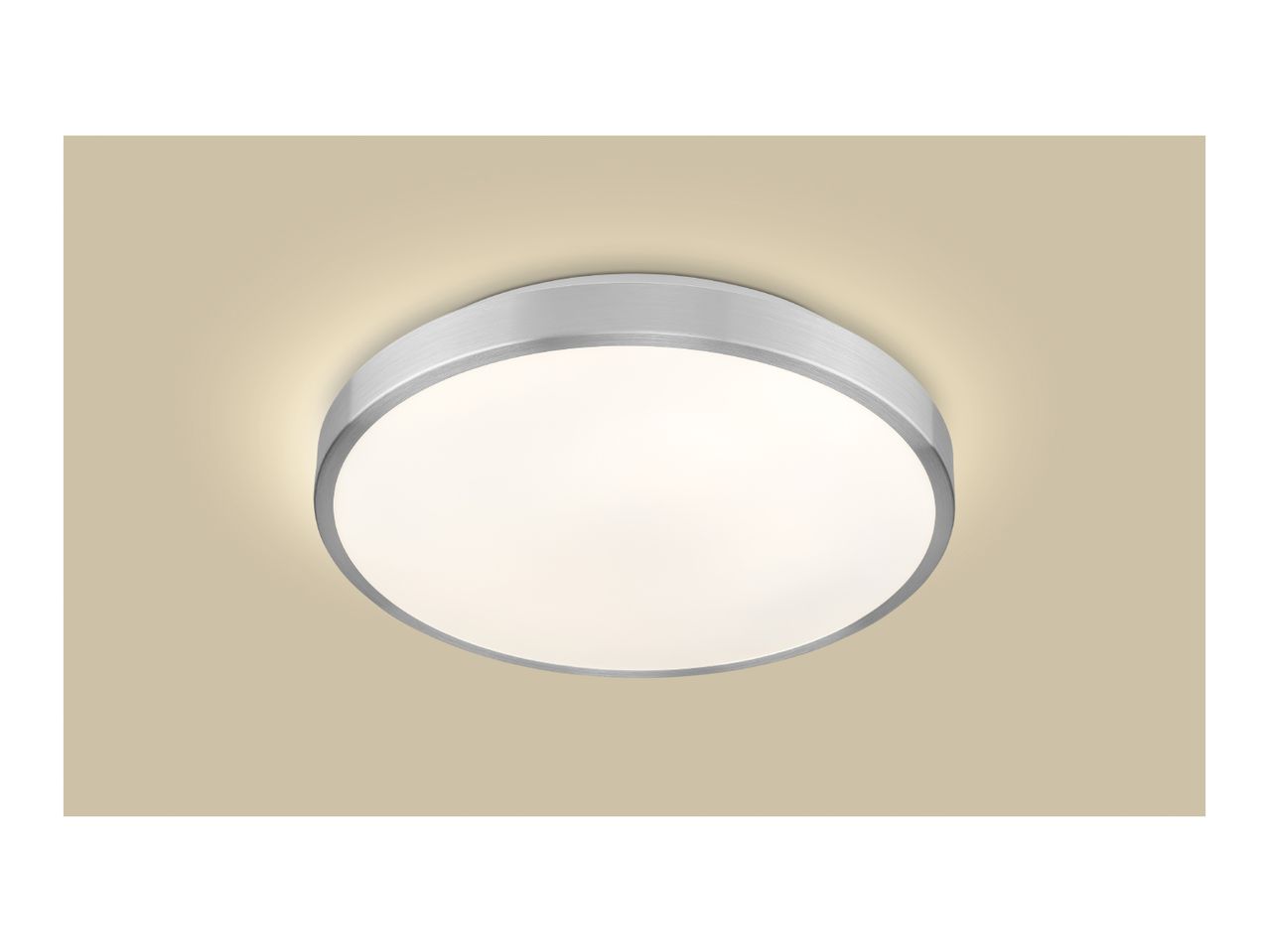 Round LED ceiling light with a brushed metal frame, illuminating a beige ceiling.