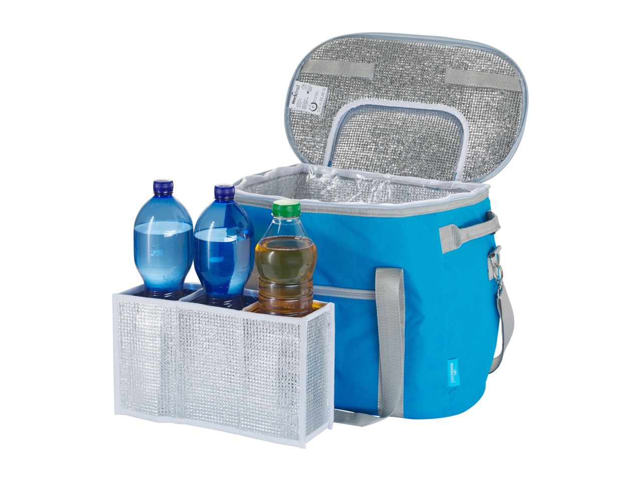 A blue Igloo backpack cooler with attached bottle holder.