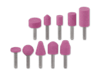 Set aus 10 rosa Schleifsteinen in verschiedenen Formen und Größen.