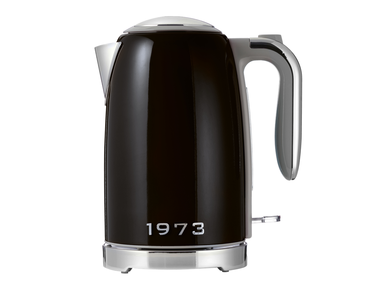 Juodas Silvercrest virdulys su chromuotu pagrindu ir užrašu „1973“.